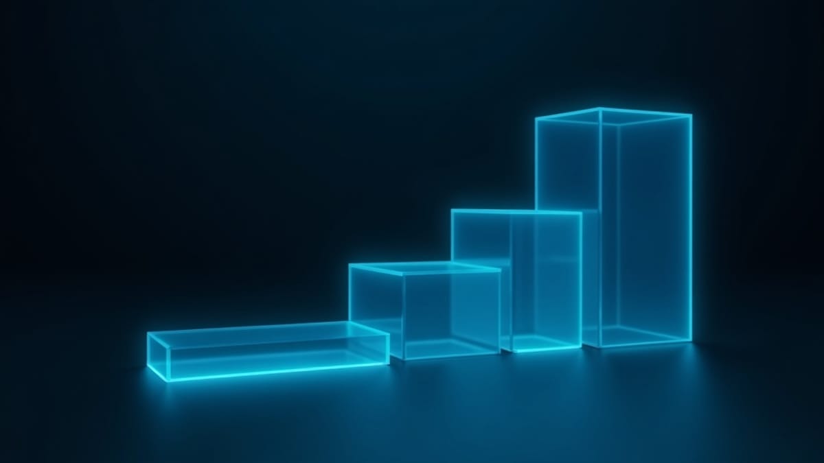 Three ascending translucent glass bars glowing cyan on a dark base