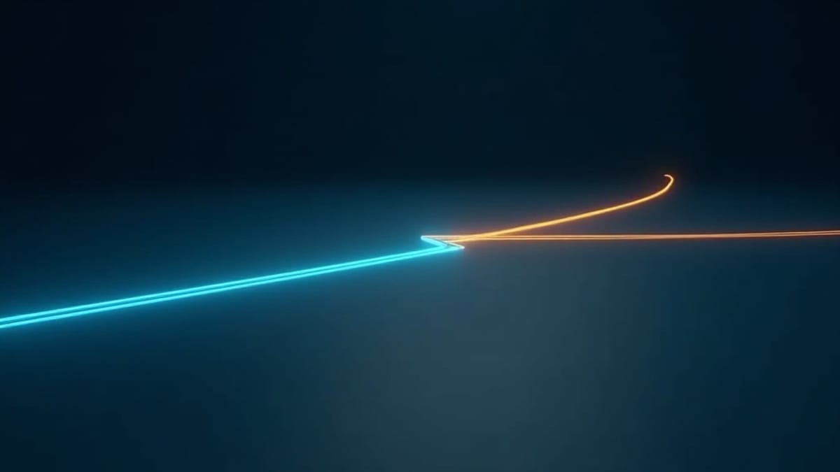 A straight cyan lane and a curving amber lane merging on a dark surface