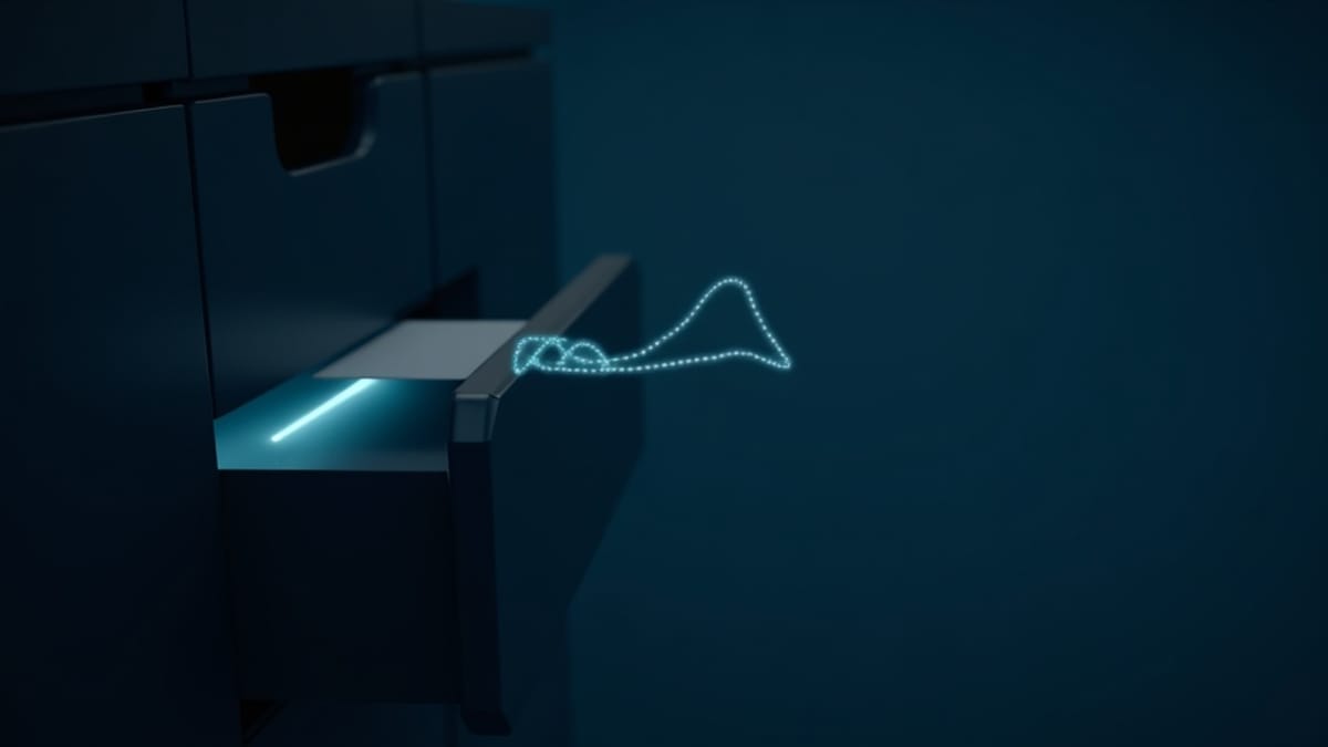 A dotted soundwave flowing into an open filing drawer holding a clean document