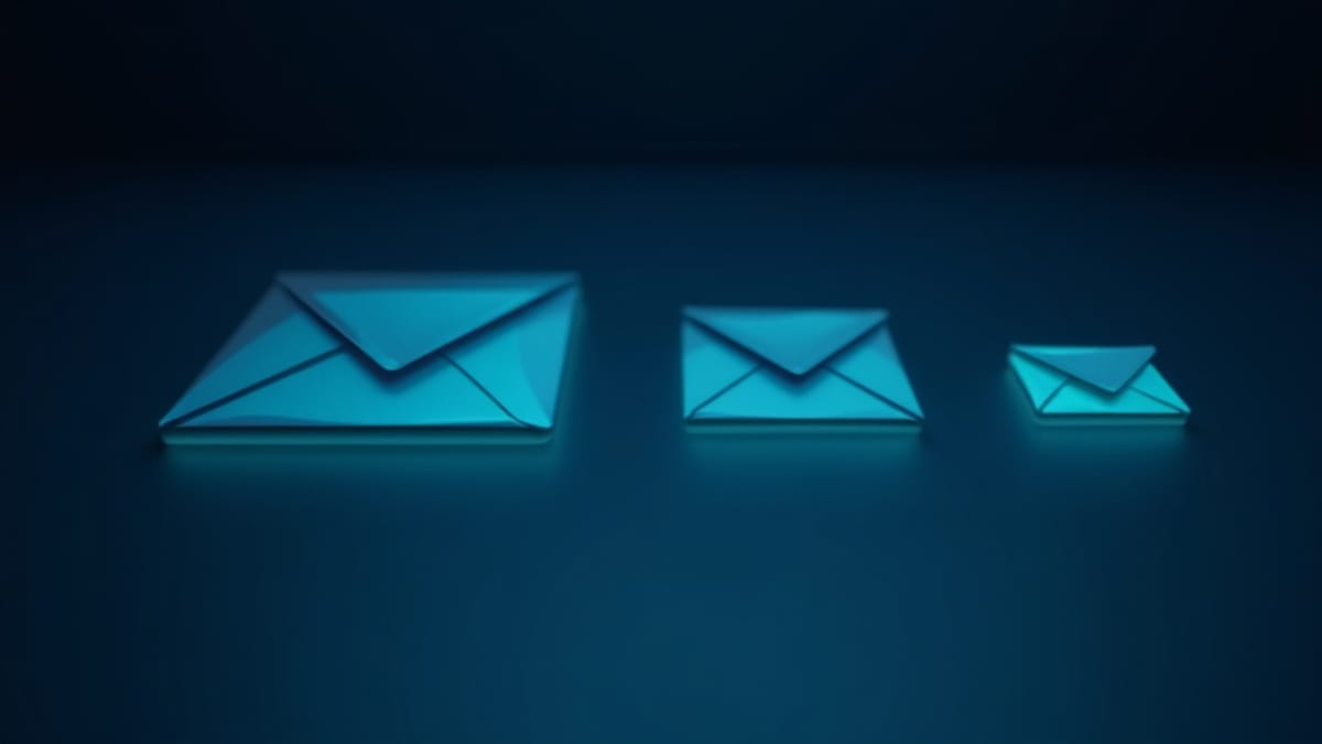 Three glowing envelopes descending in size on a dark surface