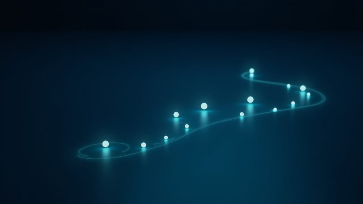 Glowing dots spaced along a winding path with widening gaps