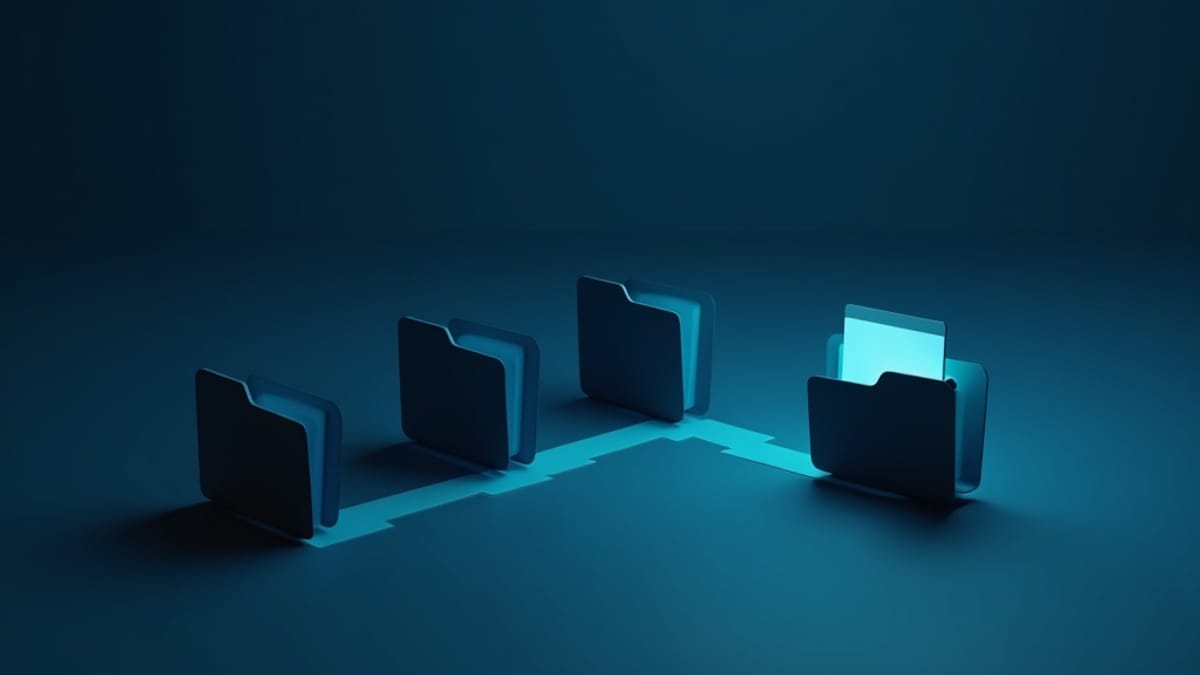 Four folders connected by a lit path, the last folder holding a bright document