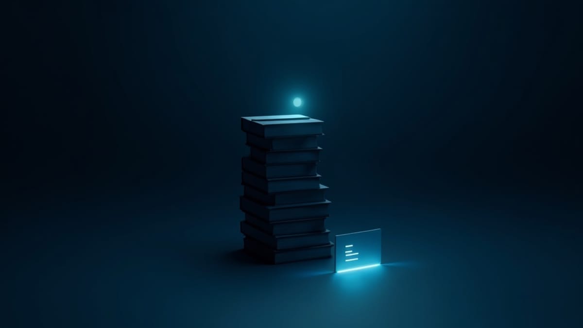A tall stack of dark books beside one small glowing card