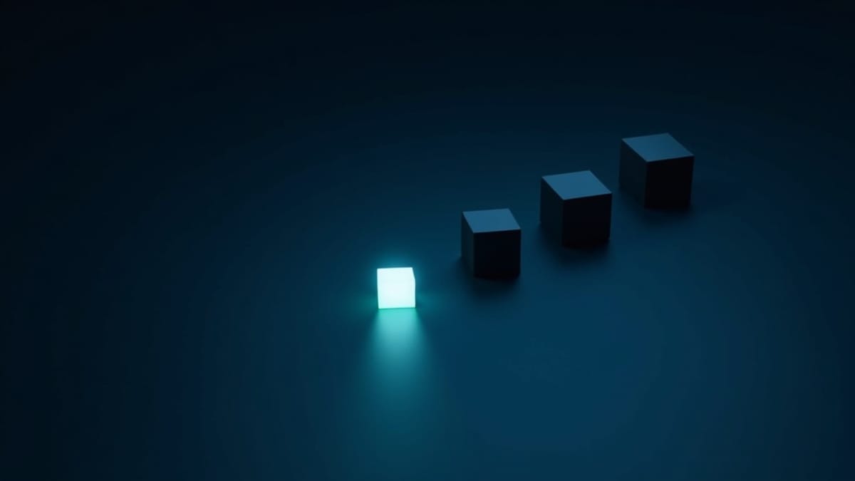 One small glowing cube standing ahead of three larger dark cubes