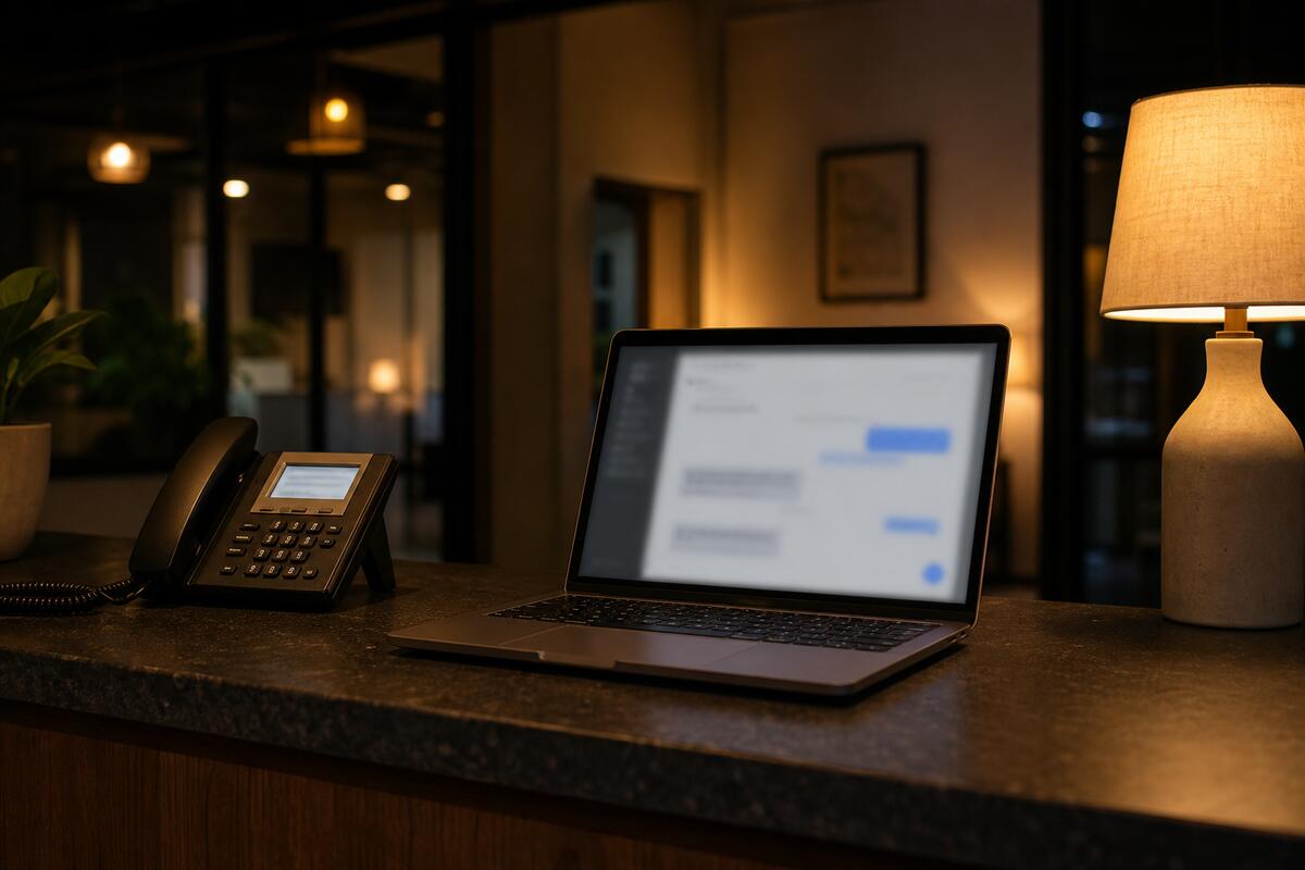 A desk phone and laptop with a blurred chat conversation on an empty front desk after hours