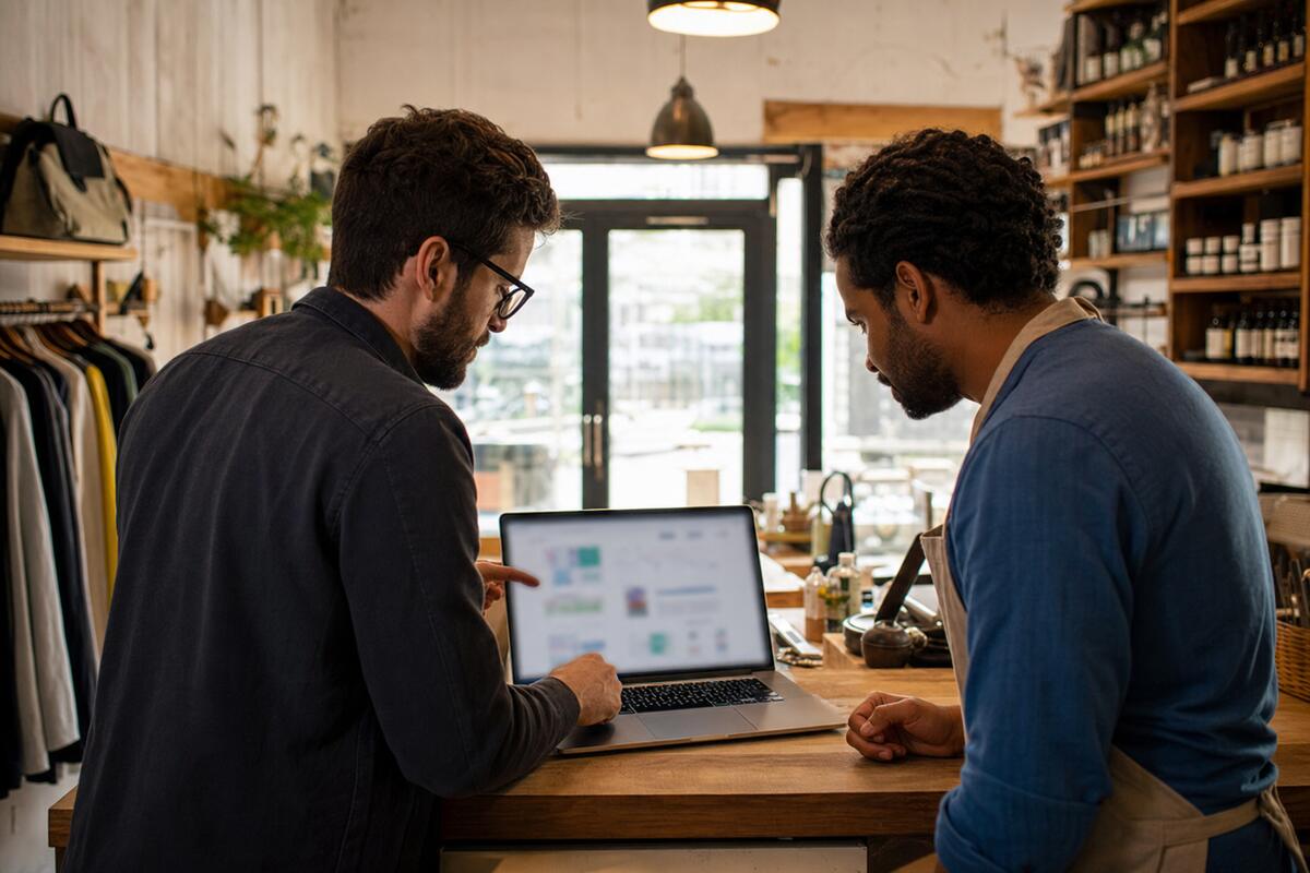 A software engineer and shop owner reviewing a blurred dashboard on a laptop at the shop counter